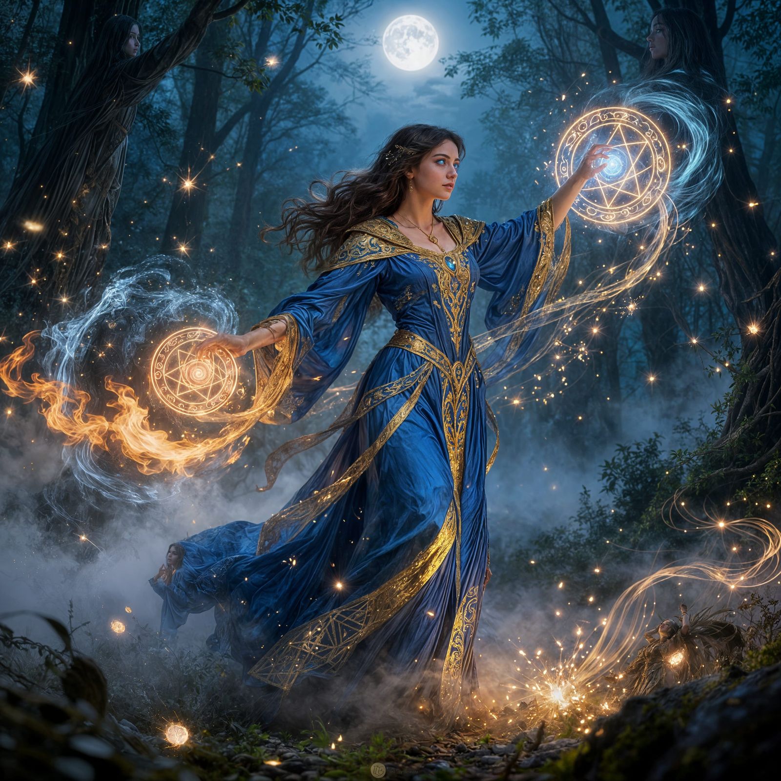 Sorceress Weaves Elemental Spell in Mystical Forest
