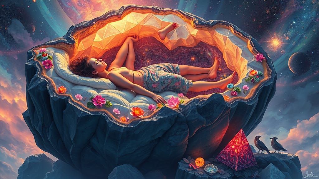 Surreal Dreamscape: Person Asleep in Geode