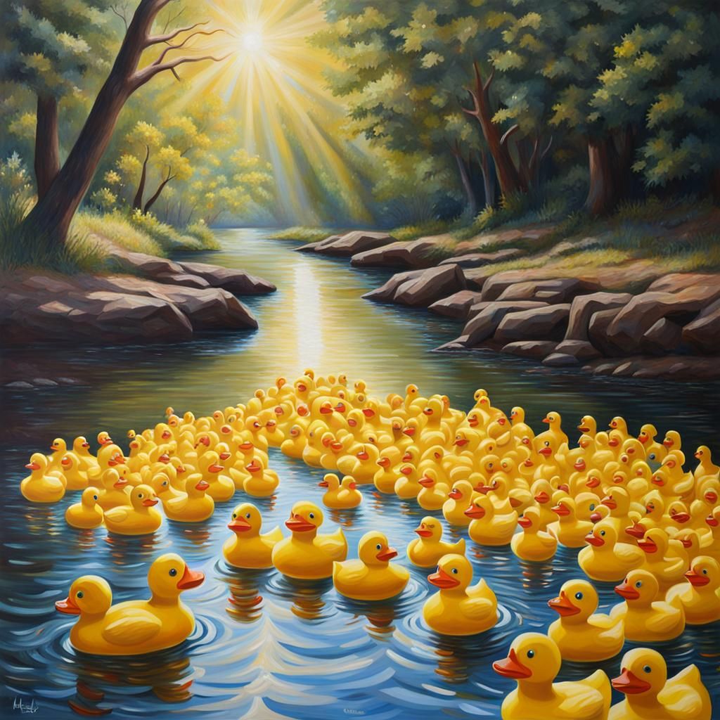 Rubber Duck Race in Hyperrealistic Post-Impressionism