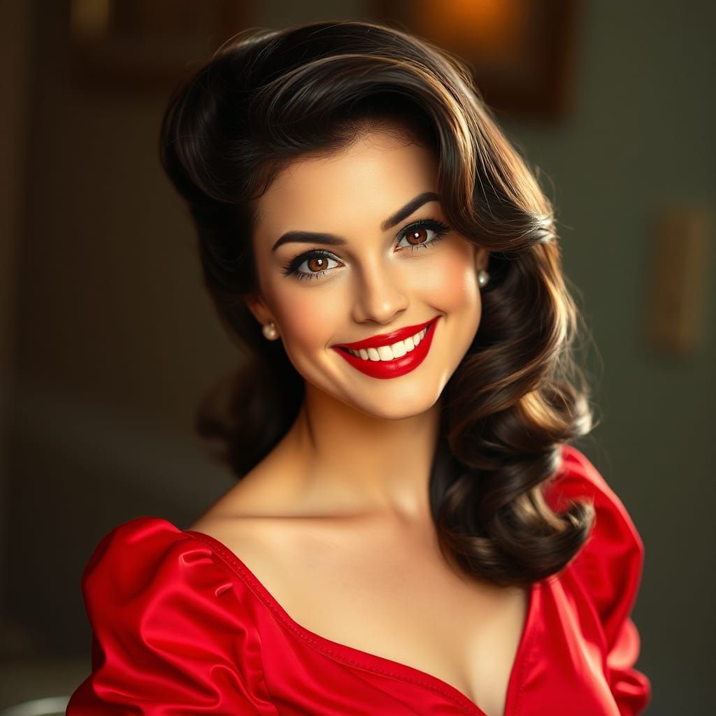Retro Pin-Up Girl in Red Blouse Smiling