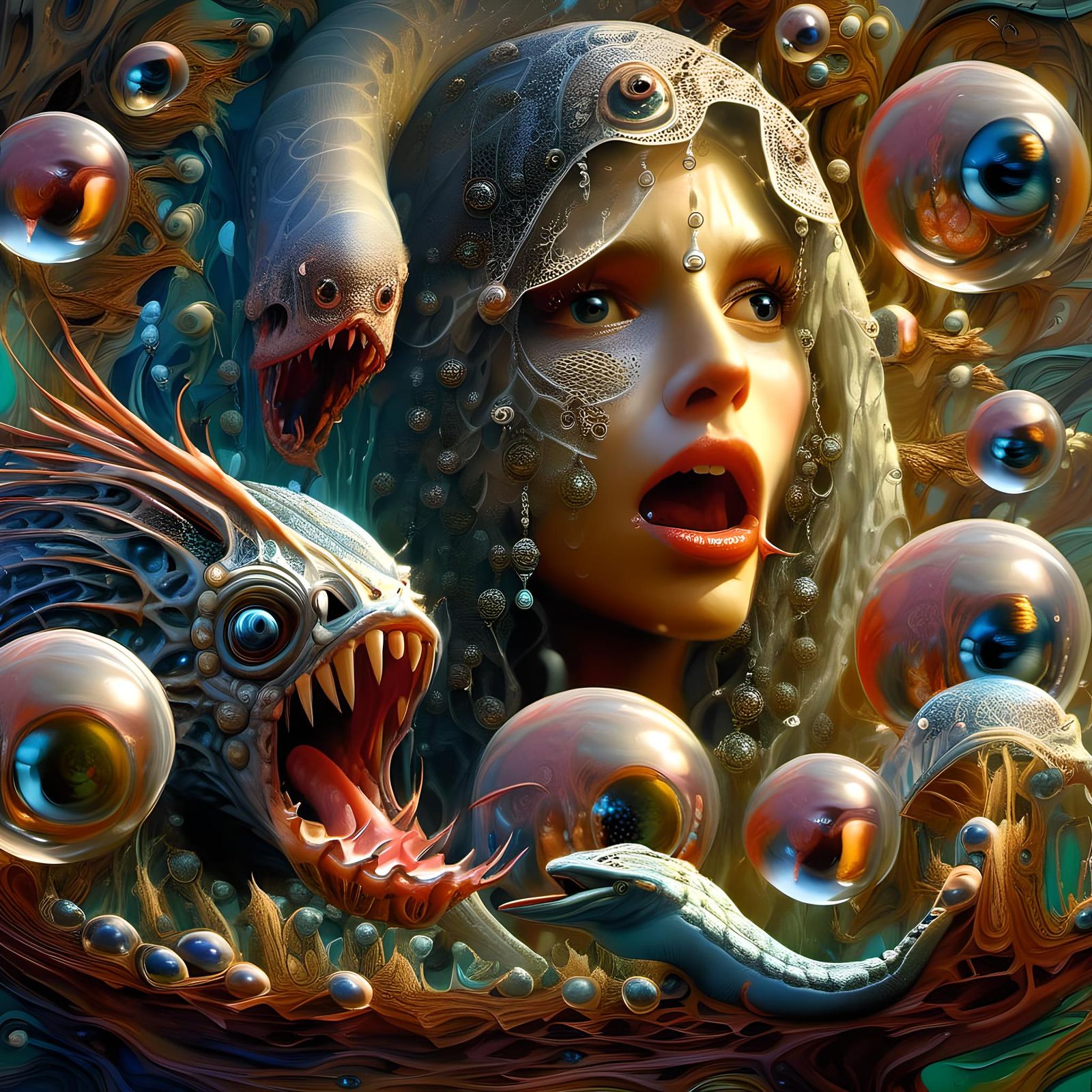 Surreal Woman and Eel in Hyperrealistic Oil Painting