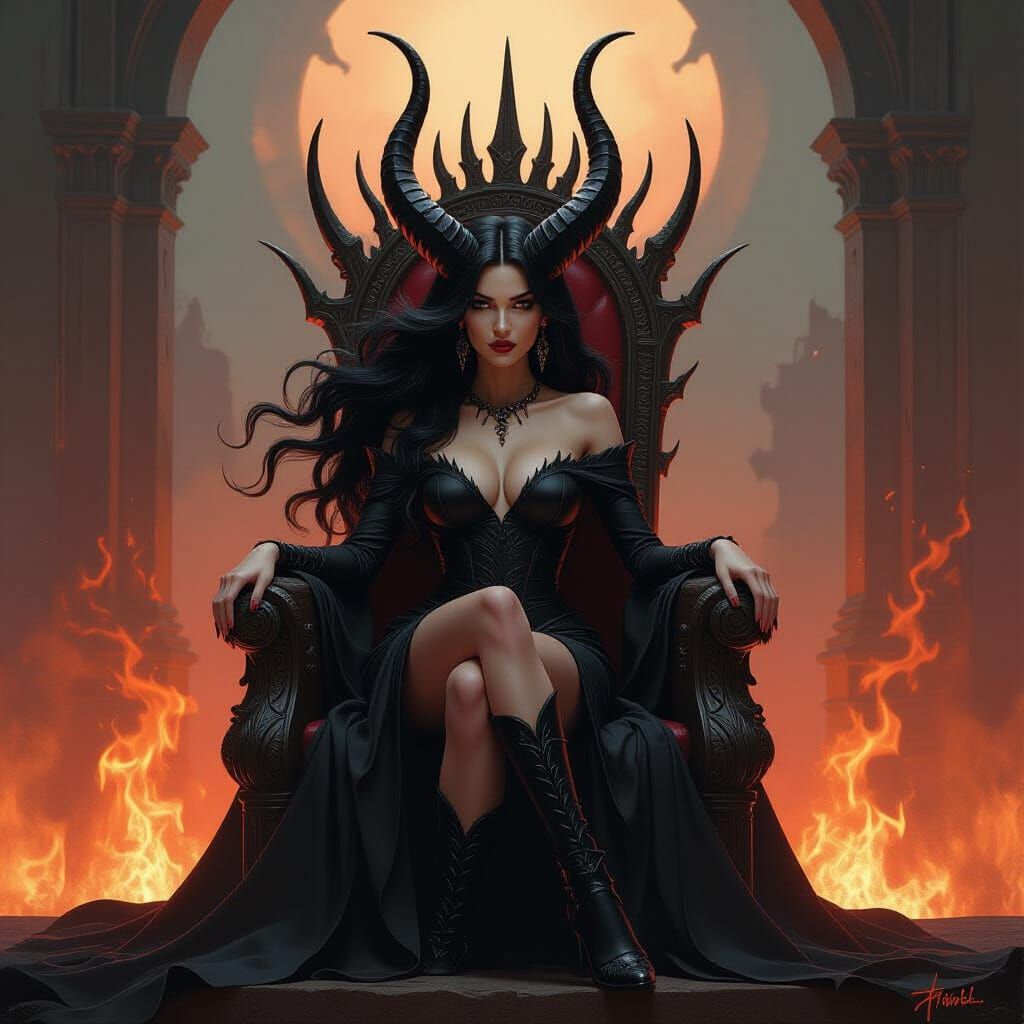 Gothic Hell Queen on Throne in Dark Fantasy Style
