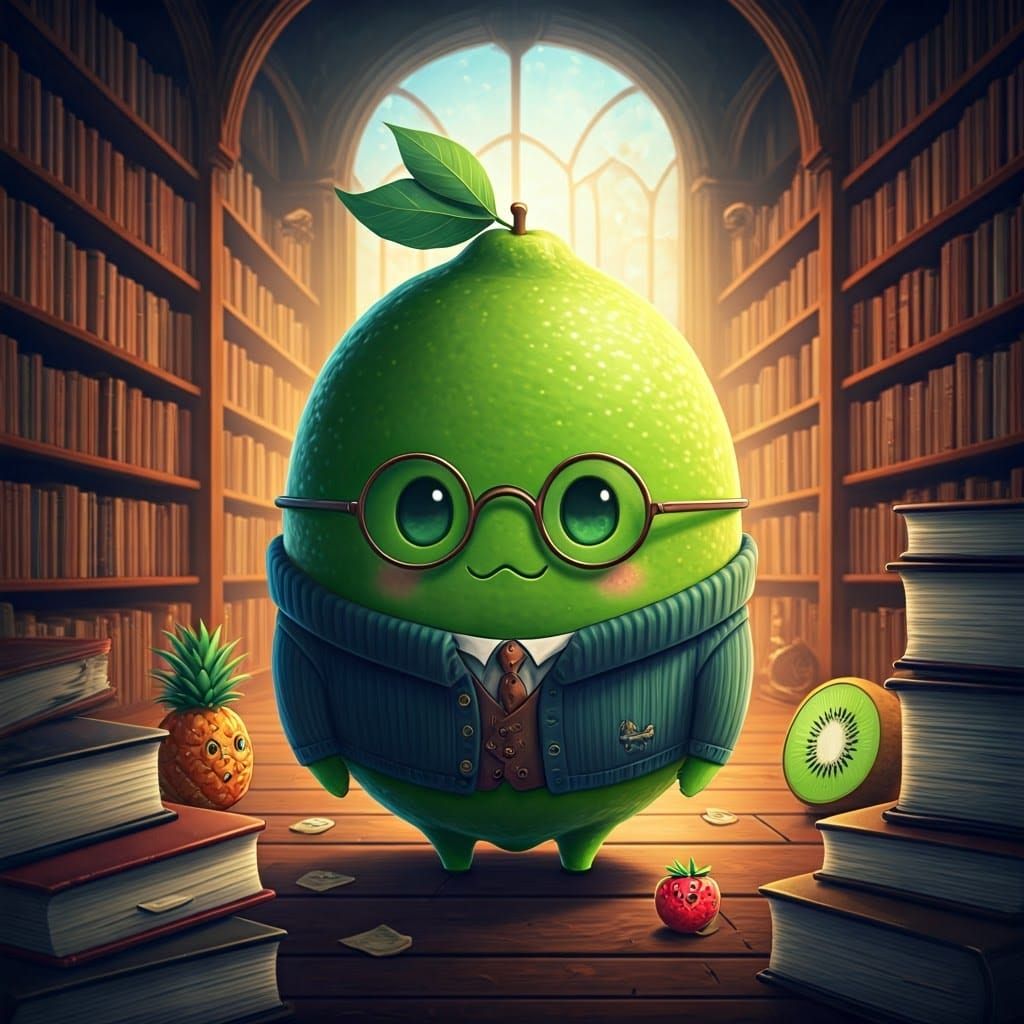 Whimsical Chibi Key Lime in Library Landscape