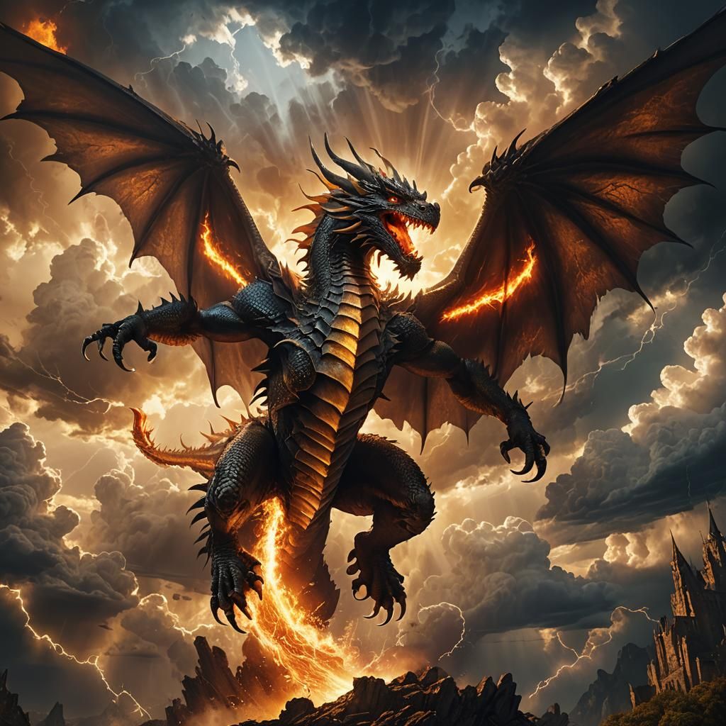 Majestic Dragon Soaring Through Stormy Sky