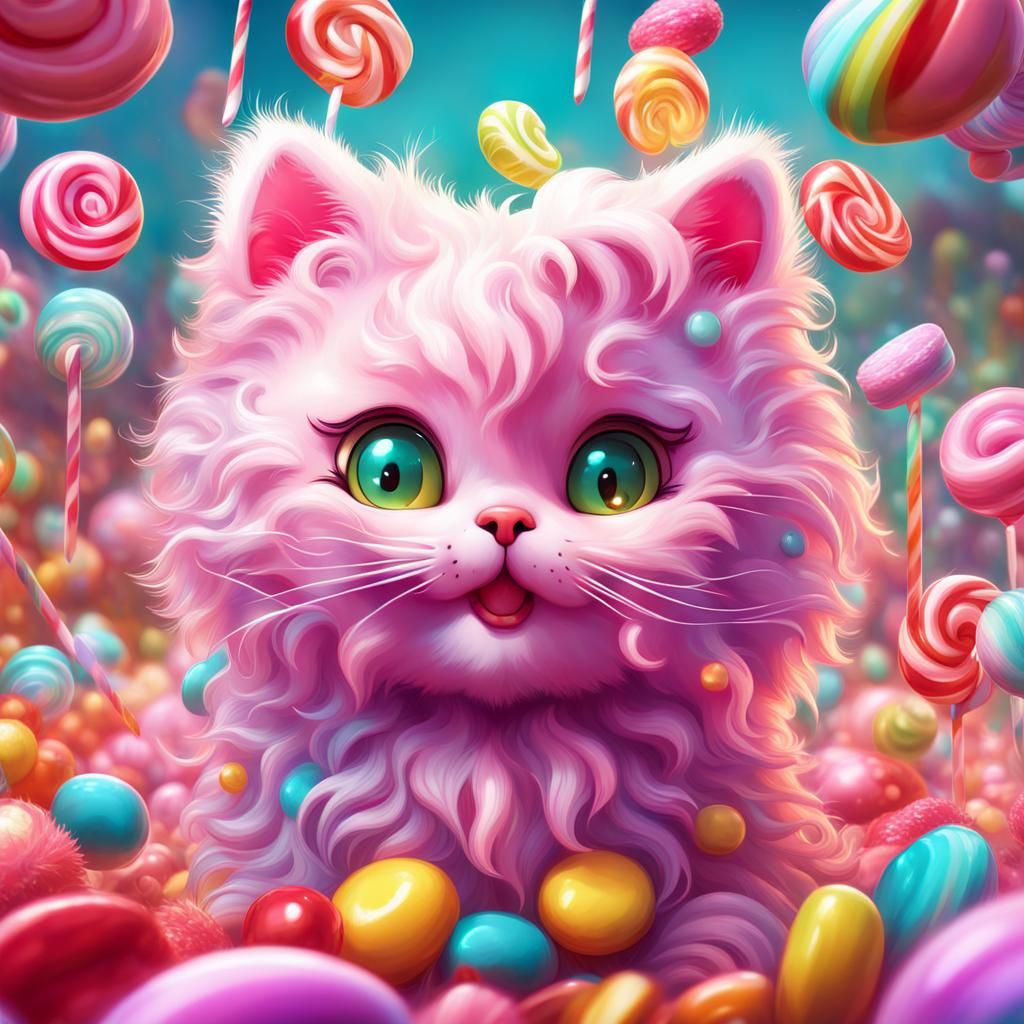 Sparkling Fluffy Cat in Candy Art Style