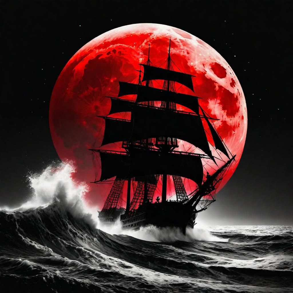 Pirate Ship Silhouetted Under Bold Red Moon