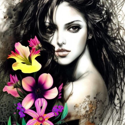 Tangled Hair with Bright Floral Adornments