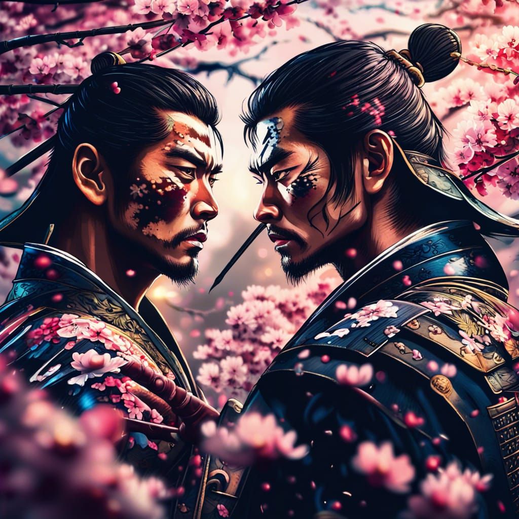 Samurai Battle in Cherry Blossom Field