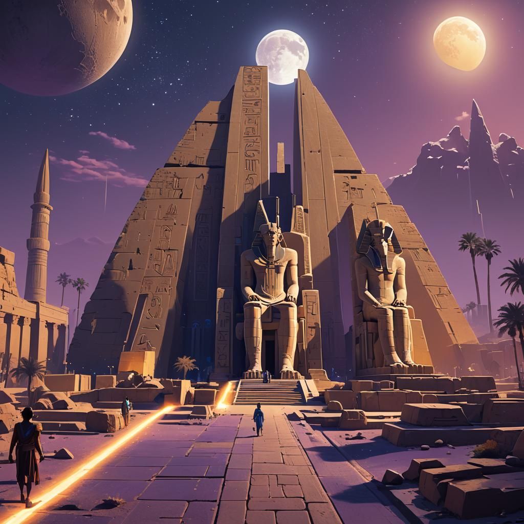 Luxor Temple Glistening Under Moonlight in Fantasy Art