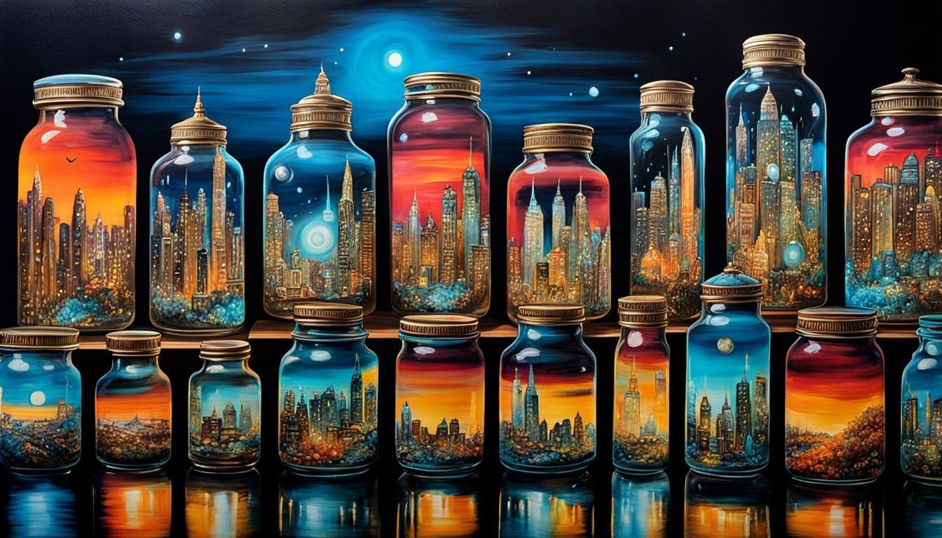Bioluminescent Clockwork Cityscape in Maximalist Style