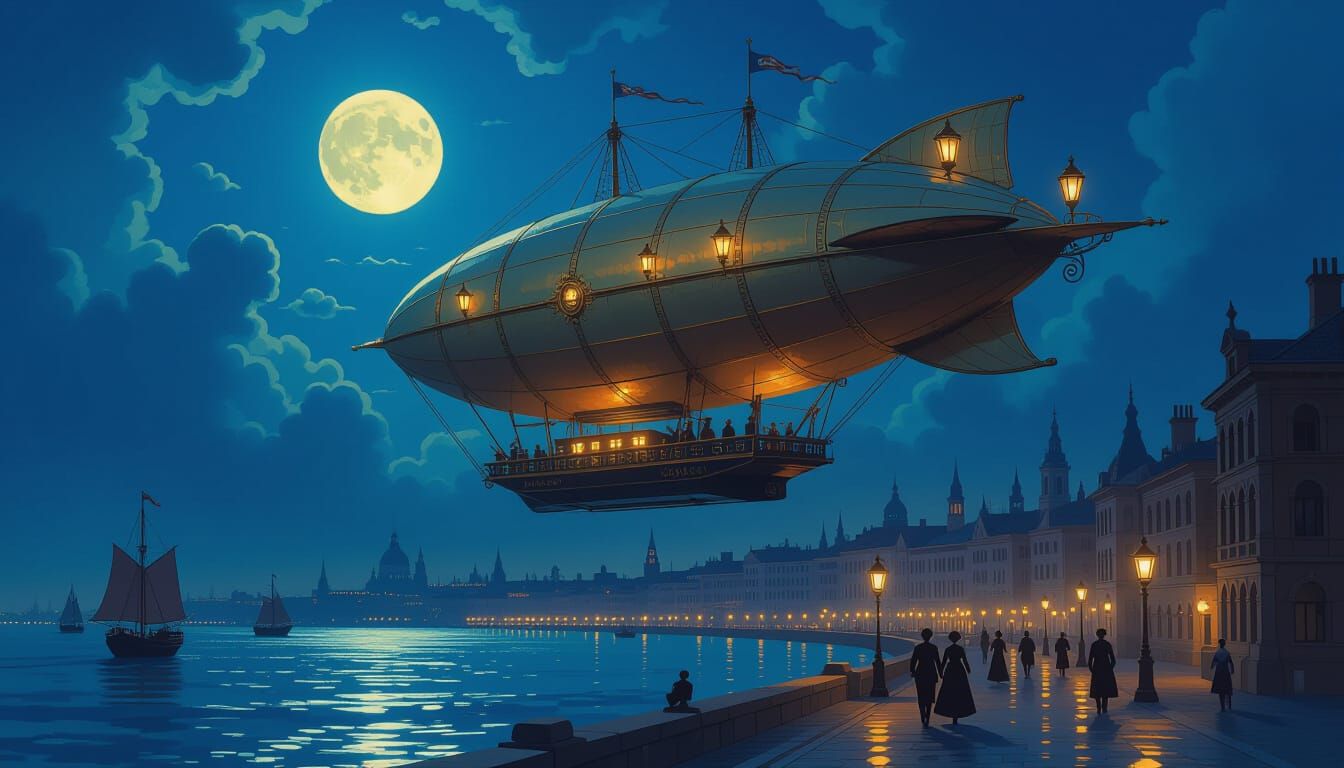 Victorian Airship Over Gaslit City at Night