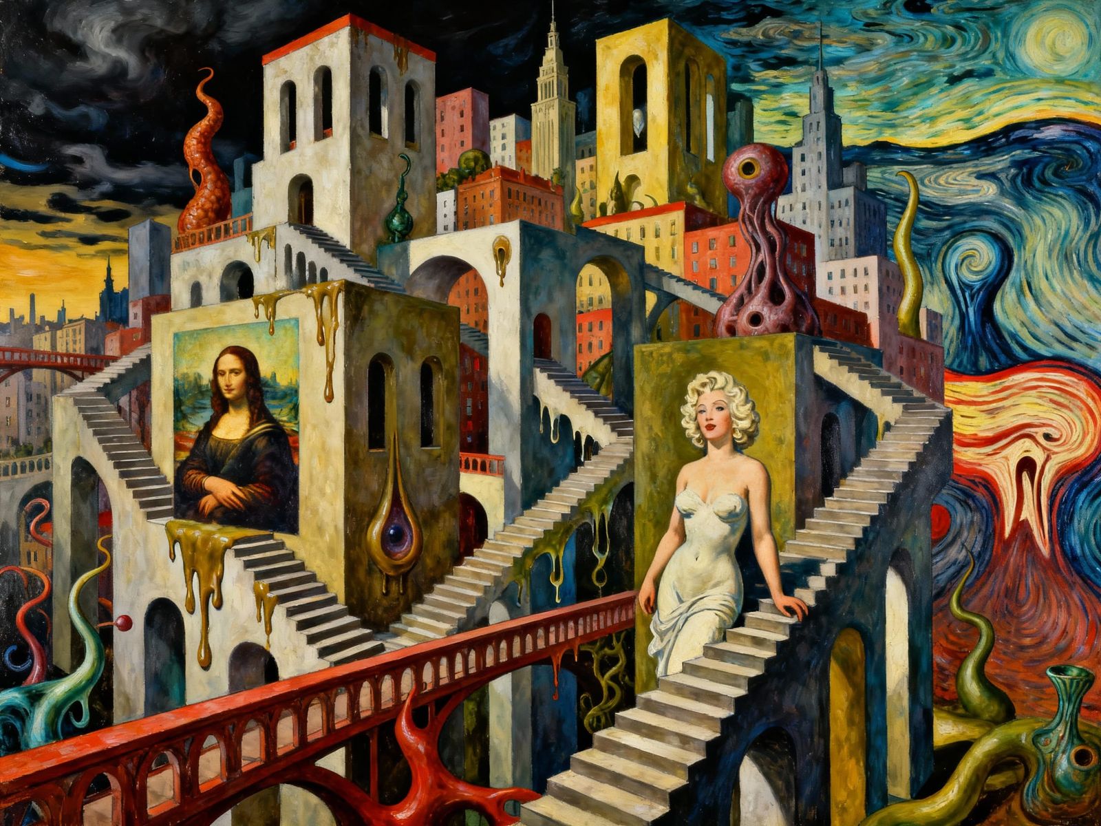 Surreal City Maze with Iconic Figures in Painterly Style