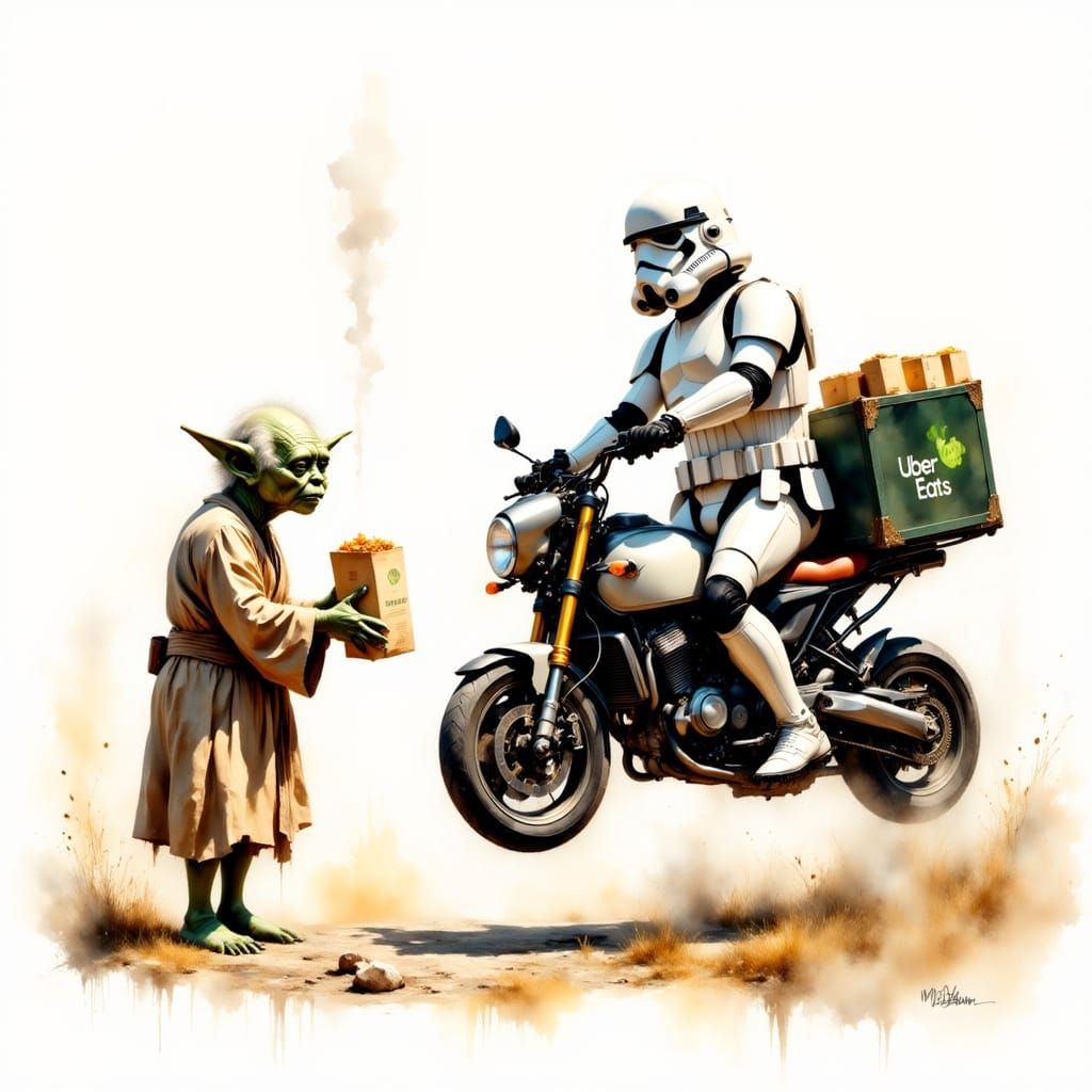 Stormtrooper Uber Eats Delivery to Yoda