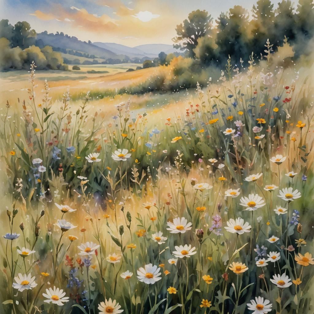 Impressionist Watercolor: Serene Field in Sunlight