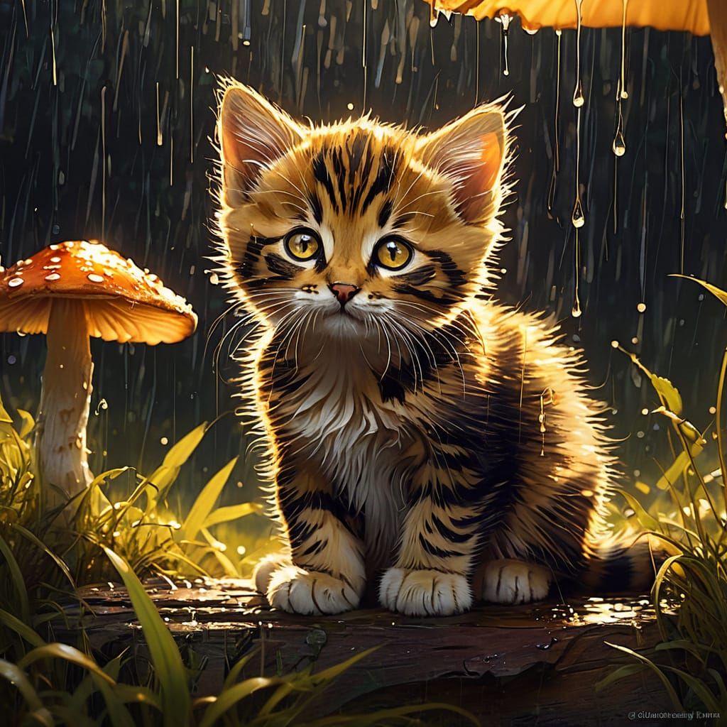 Whimsical Kitten Under Glowing Mushroom in Golden Hour Rain