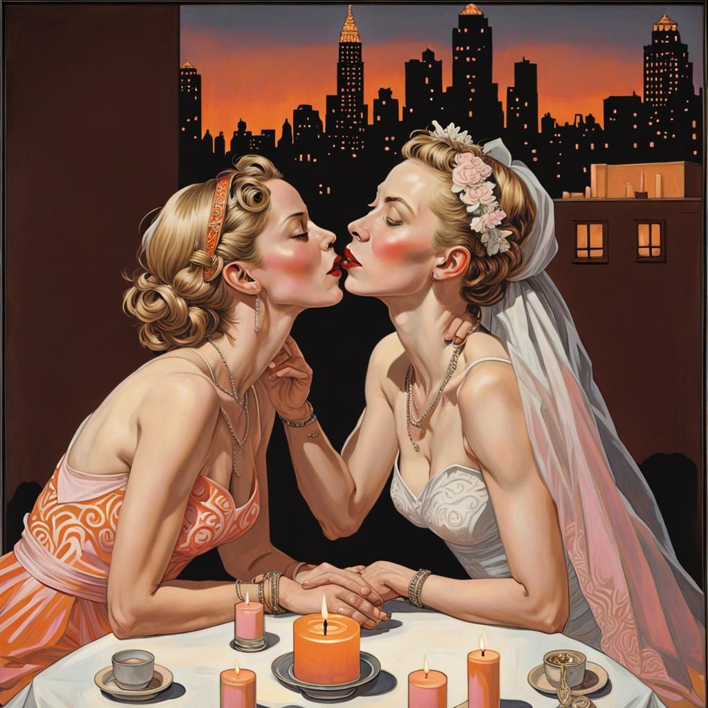 Art by J.C. Leyendecker, Keith Haring, an claustrophobic rooftop lesbian wedding at sunset, the city skyline painted in ...