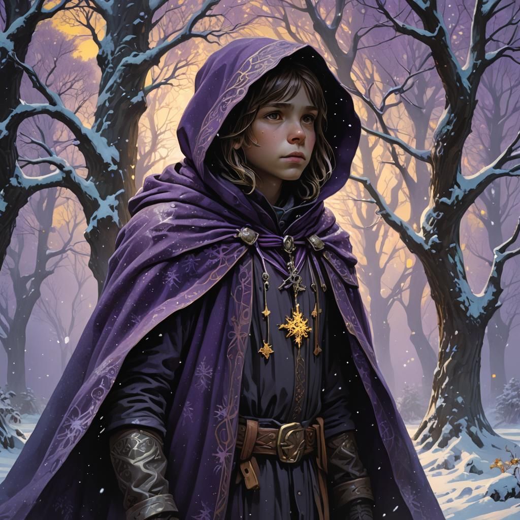 Winter Child in Dark Fantasy Landscape