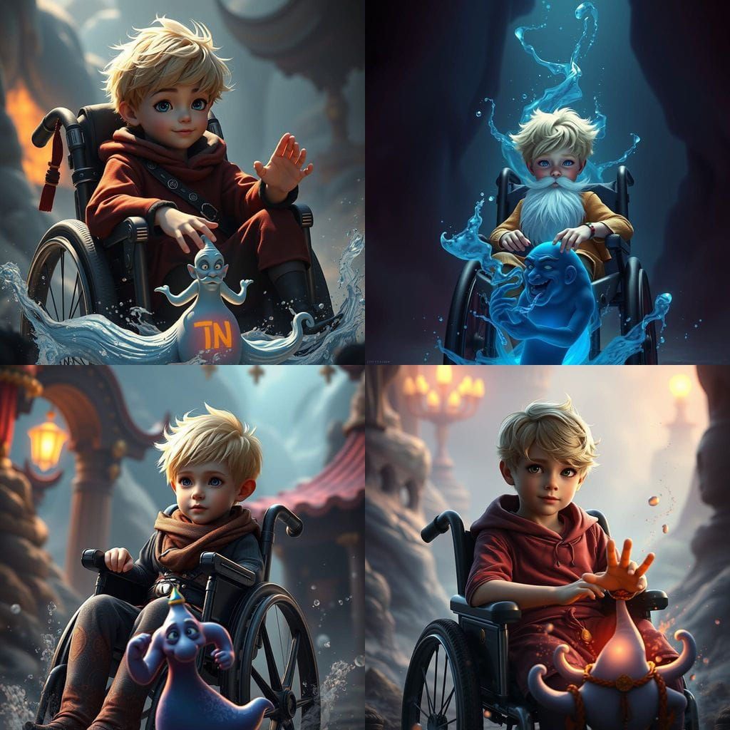 Blond Boy Meets Magical Genie in a Vibrant Fantasy Realm