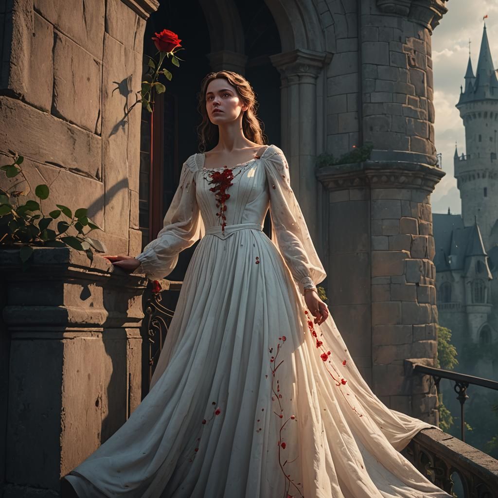 Woman with Rose on Castle Balcony in Digital Art