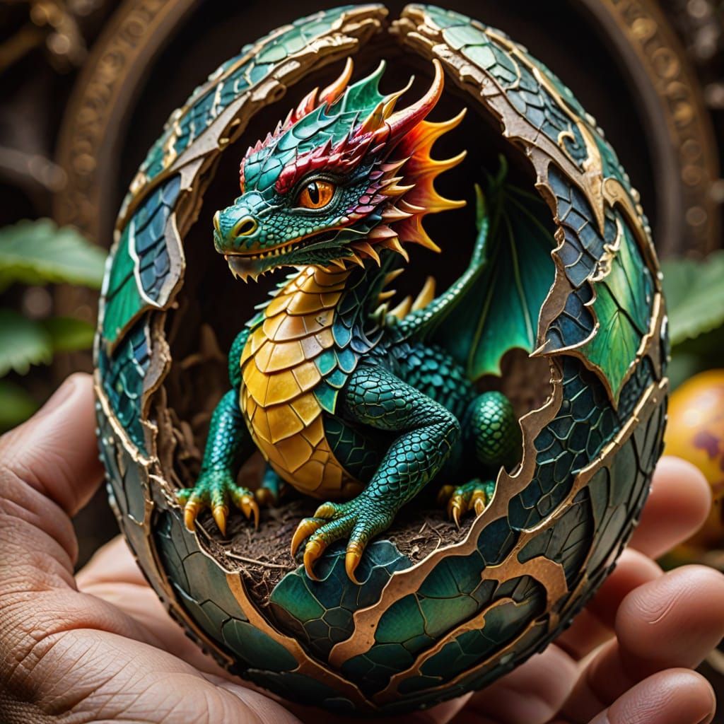 Hatched Dragon with Iridescent Scales in Human Hands