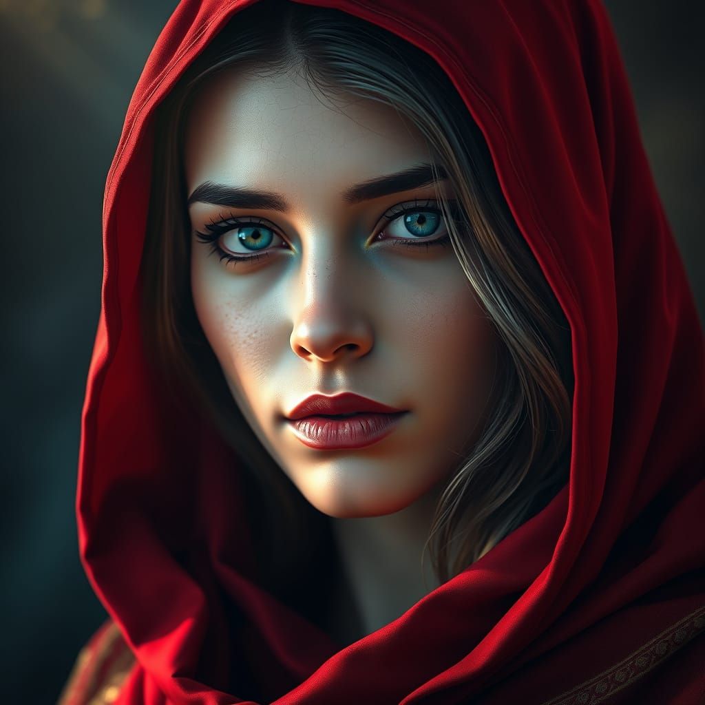 Ethereal Woman in Red Hooded Cloak with Vibrant Mystical Pat...