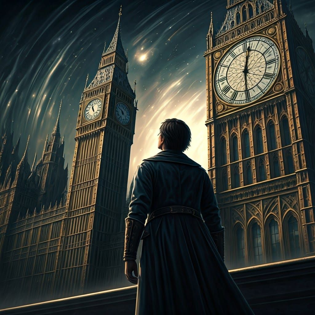 Gothic Clock Tower Marvels a Young Traveler in Hyper-Vivid H...