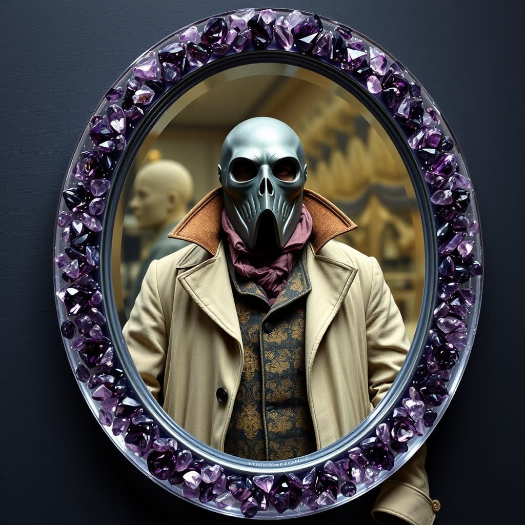 Crystal Mirror Reflects Stout Man in Mask