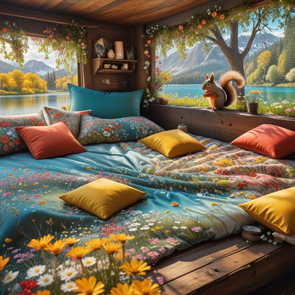Whimsical Lake Cabin Scene