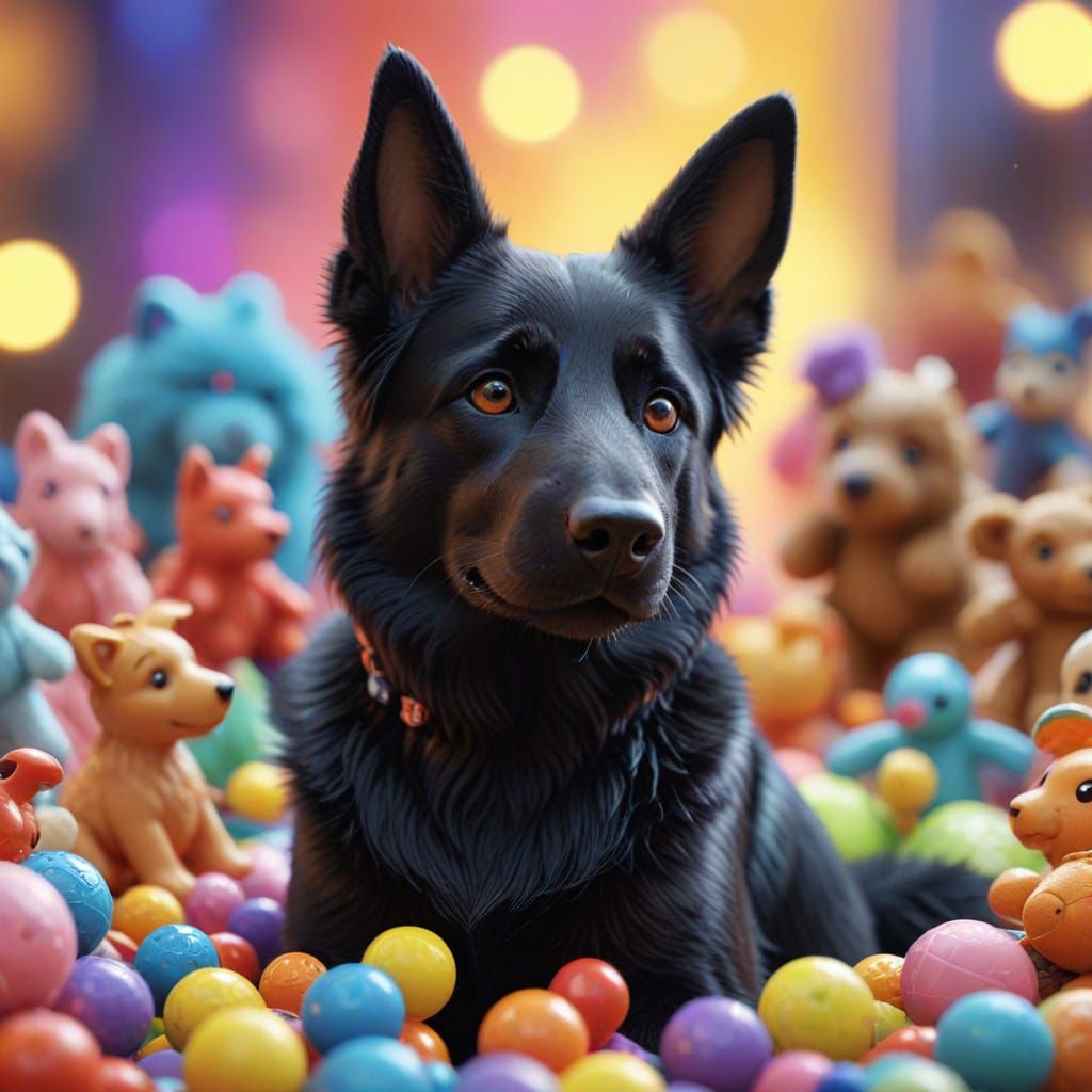 An adorable, cartoonish Black Sable German Shepherd licks its lips with an ironic, distorted mouth and facial expression...