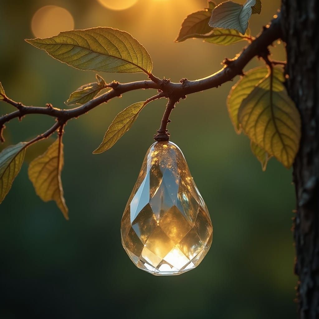 Ethereal Crystal Pear Shines Amidst Golden Branches