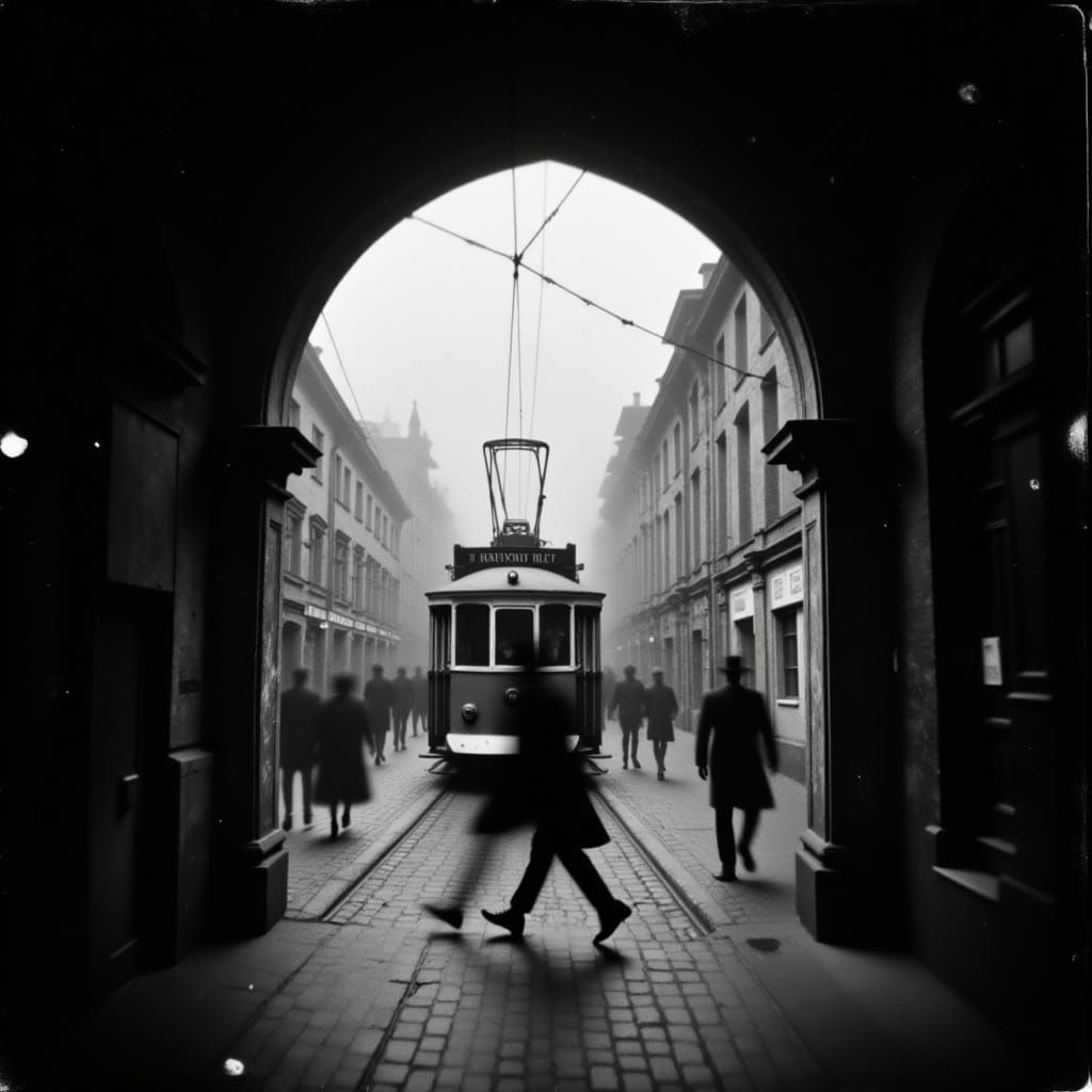 Moody Trolley Car on Cobblestone Street