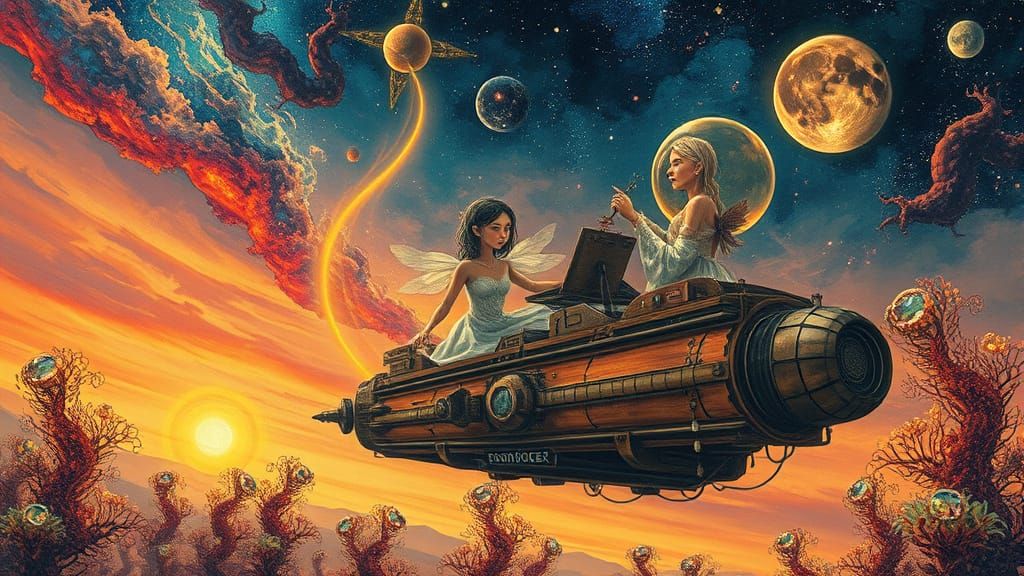 Ethereal Space Travelers Sail Through a Vibrant Sunset Galax...