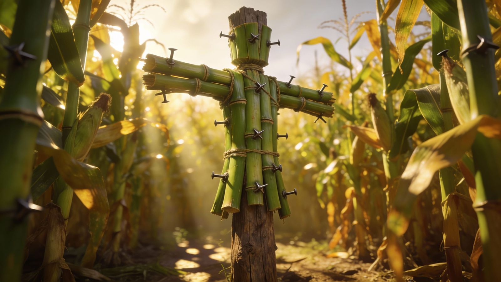 Bamboo Scarecrow in Sun-Drenched Cornfield