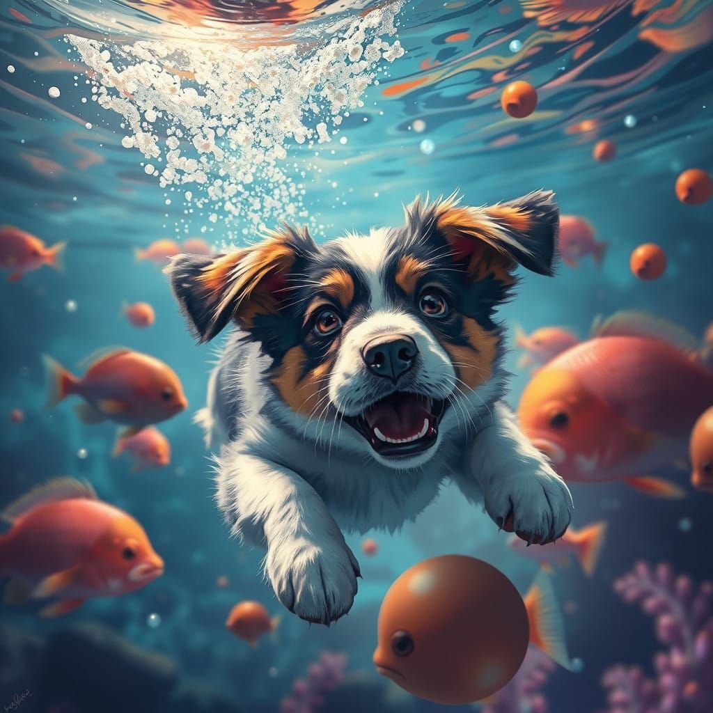 Playful Dog Chases Ball in Magical Underwater World