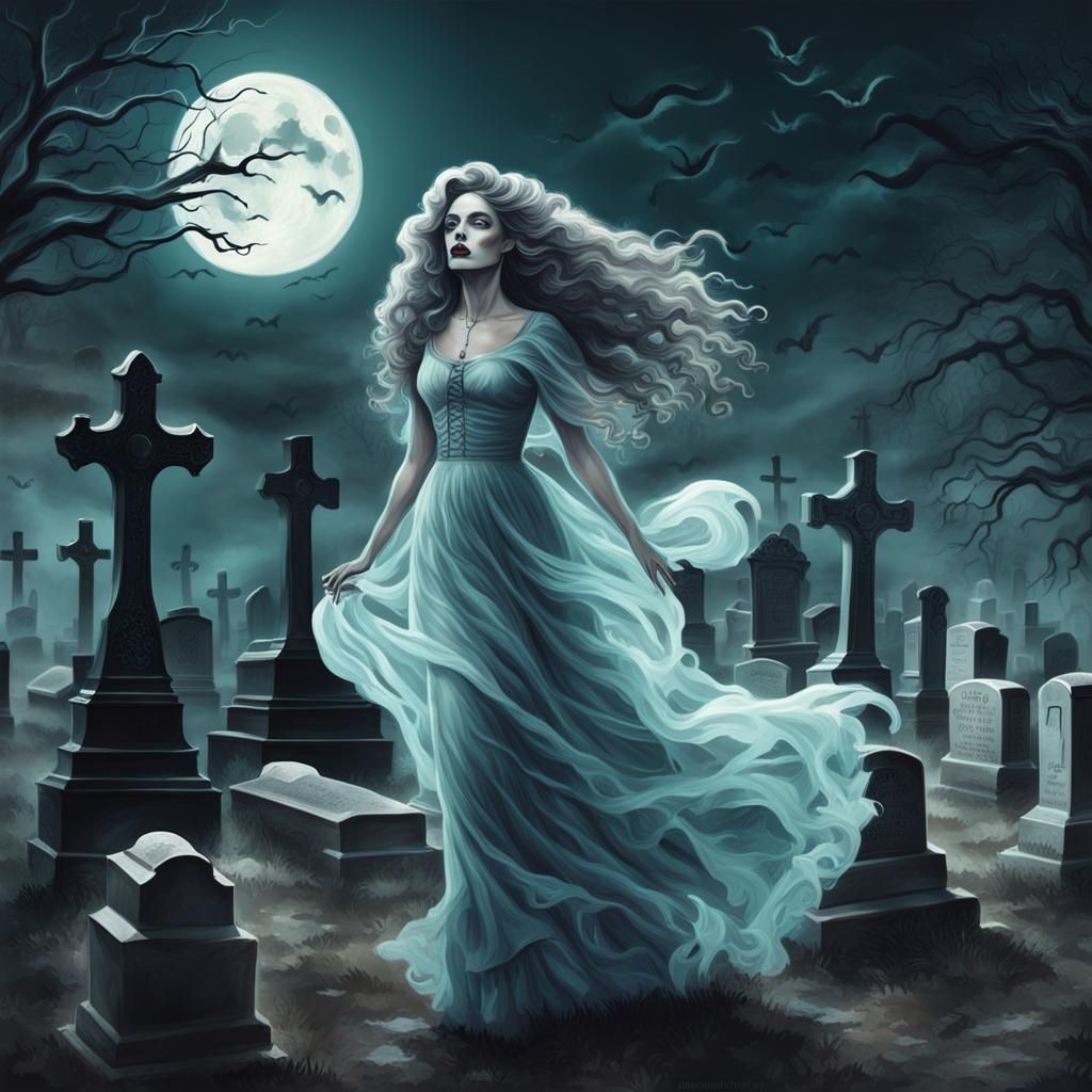Glamorous Ghostly Girl Floats Over Cemetery in Acrylic Art