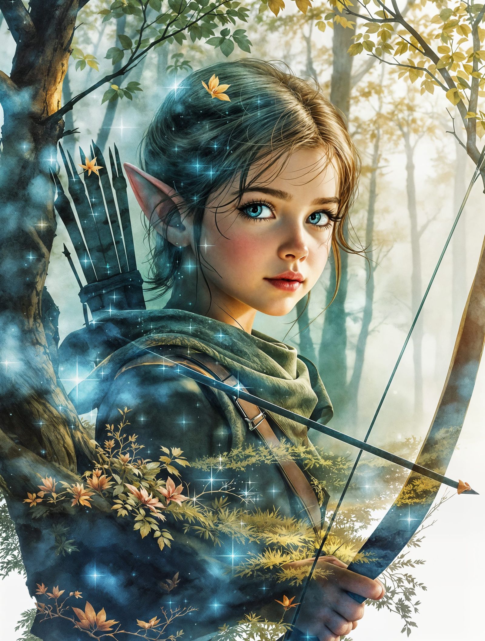 Whimsical Elven Archer in Enchanted Watercolor Wonderland