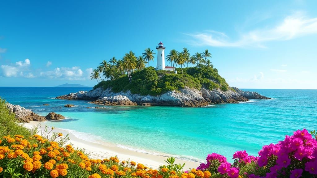 Vibrant Tropical Island Scene with Lighthouse