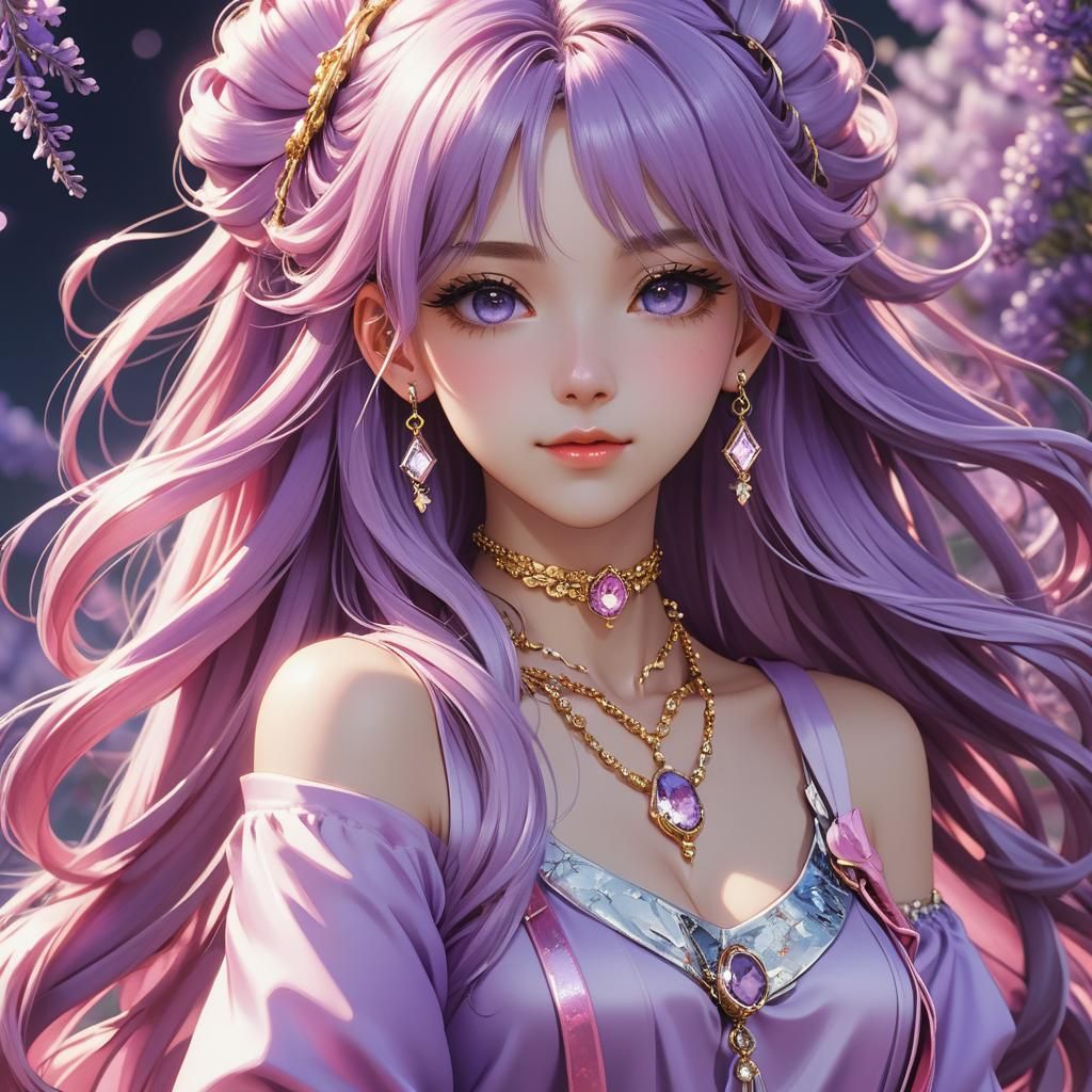 Anime Girl Portrait with Lavender Hair and Jewelry