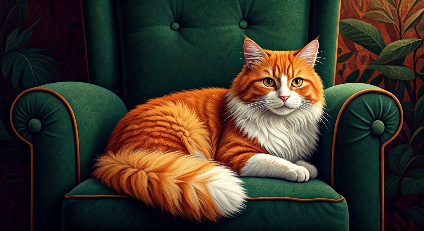 Red Cat on Green Armchair in Folk Art Style