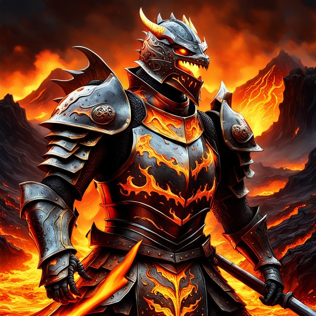 Dragon Knight on Fire Dragon in Volcanic Landscape