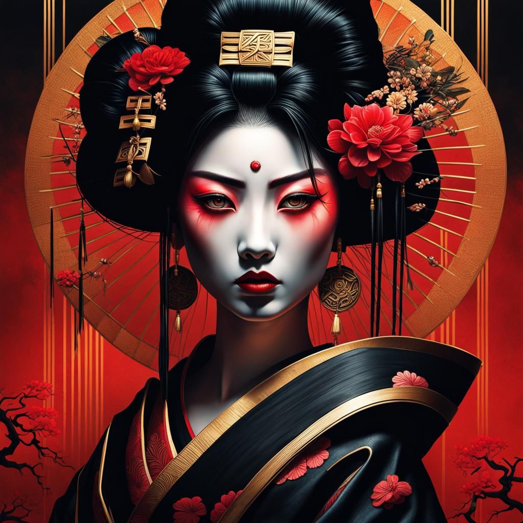 Dark Geisha Portrait with Japanese Horror Elements