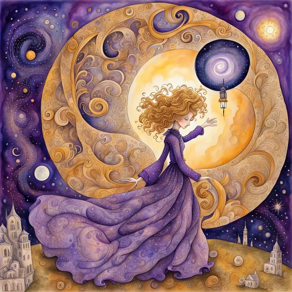 Magician Under Cosmic Sky in Watercolor Style