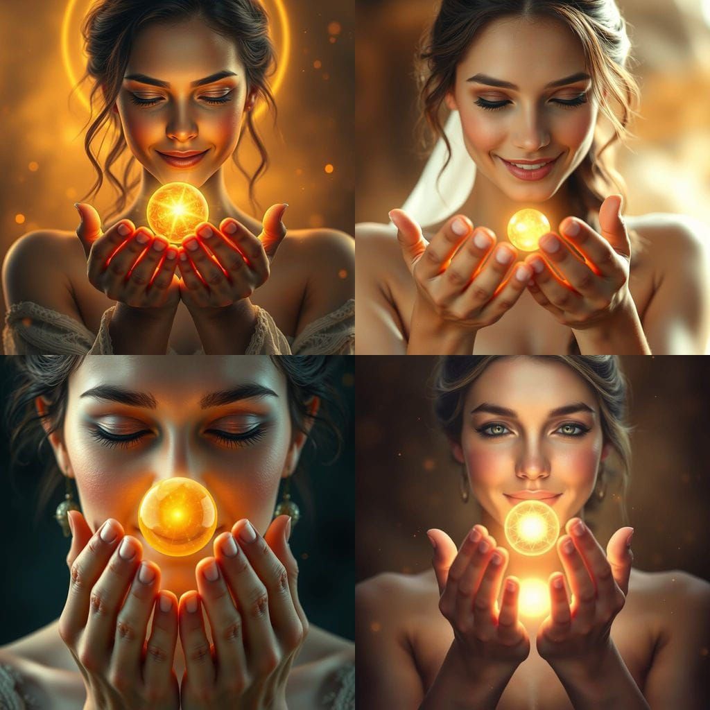 Ethereal Woman Holding Orb of Golden Light