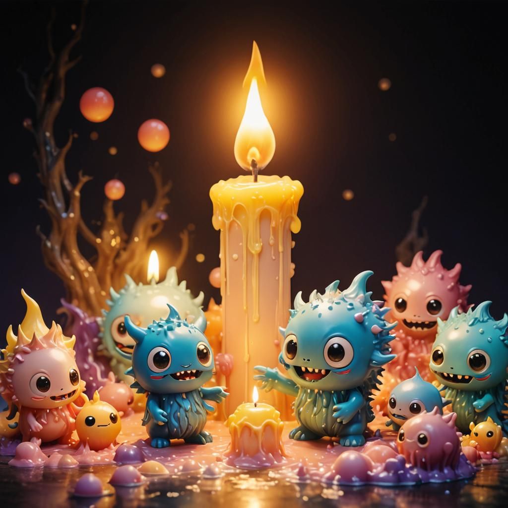 Colorful Chibi Candle Wax Monsters in Whimsical World
