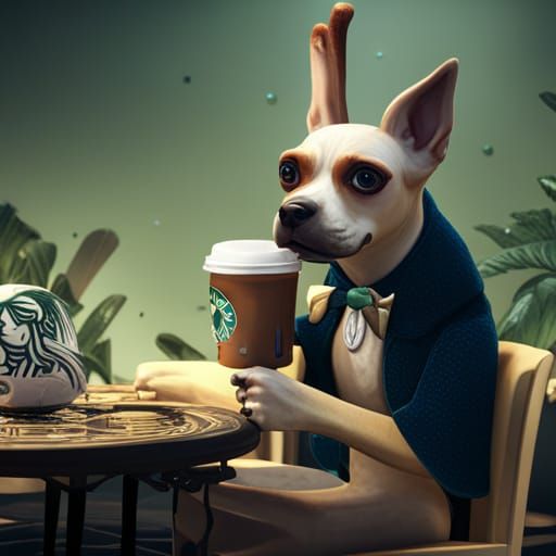 Dog Enjoying Starbucks: Detailed Fantasy Concept Art