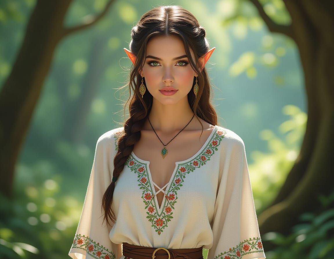 Elf Woman in Linen Tunic, Photorealistic Forest Backdrop