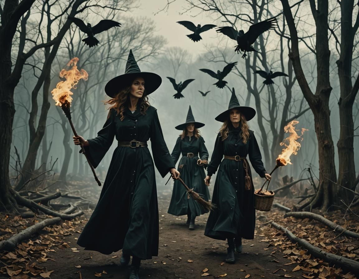 Powerful Witches Casting Spells: Cinematic Film Still