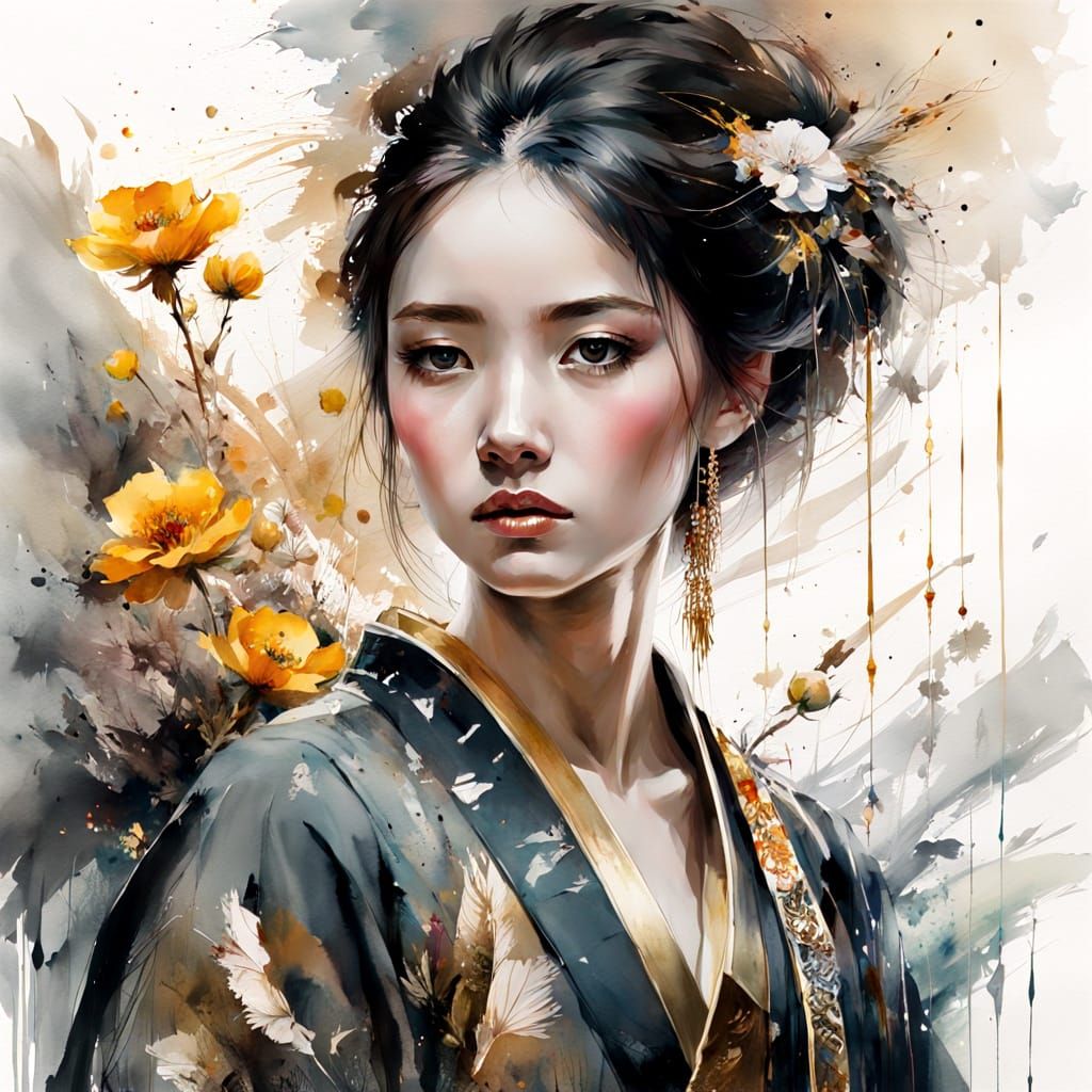 A beautiful, elegant Asian woman in a traditional Japanese-i...