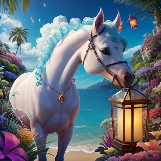 Surreal Landscape with Neon and Botanical Elements