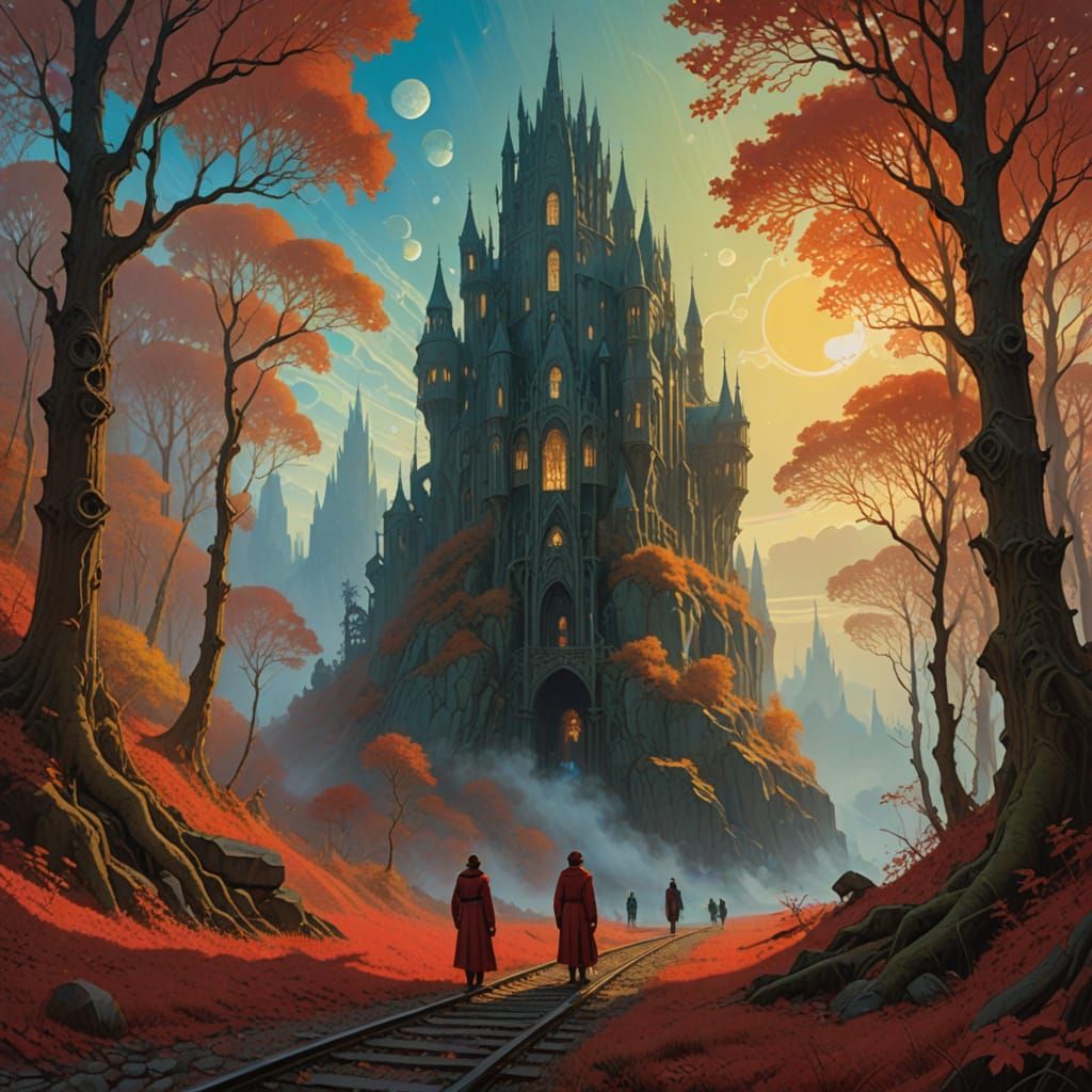 Pastel Train in Golden Forest, Klimt-Style